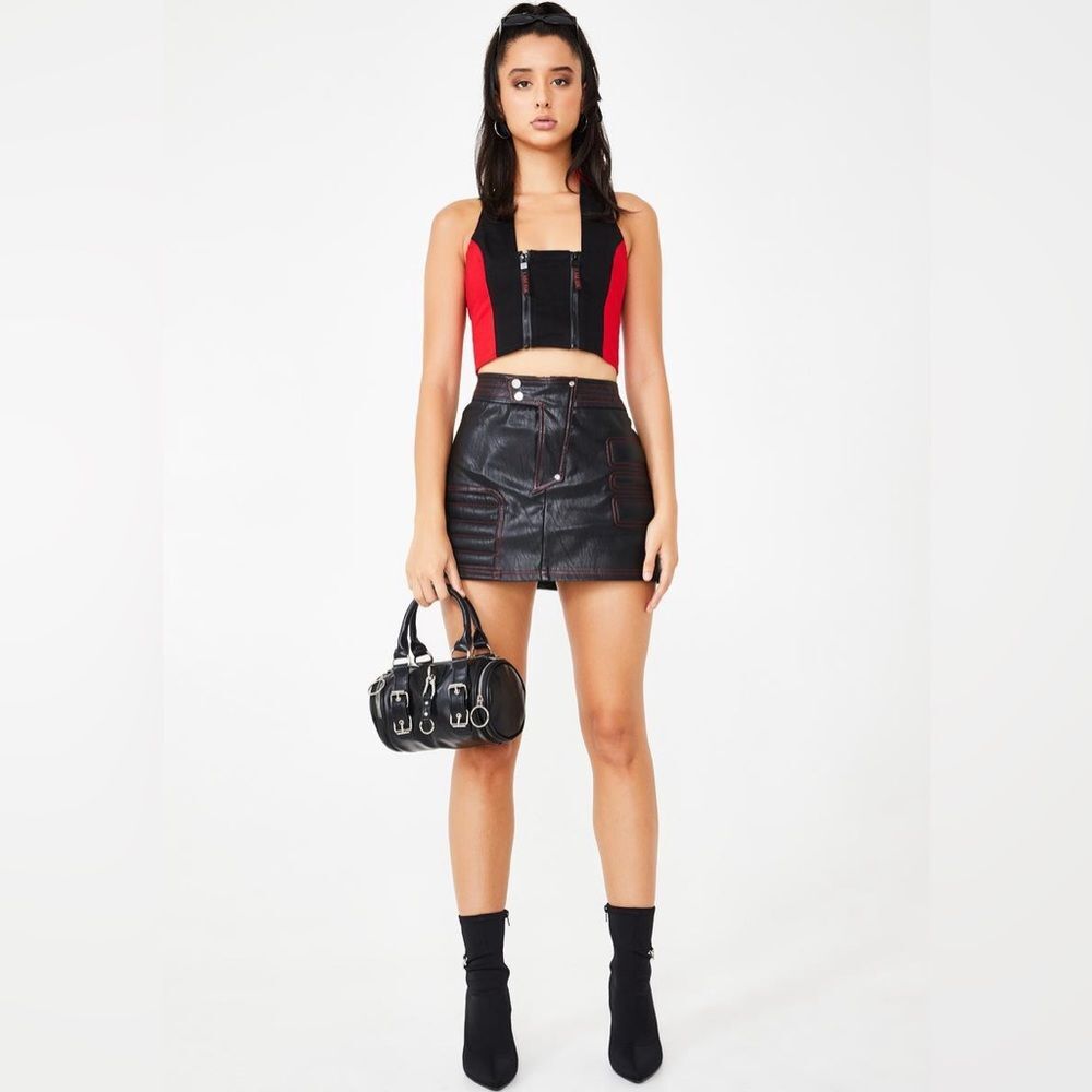 I AM GIA Kasha Mini Vegan Faux Leatber Skirt in Black and Red S NWOT